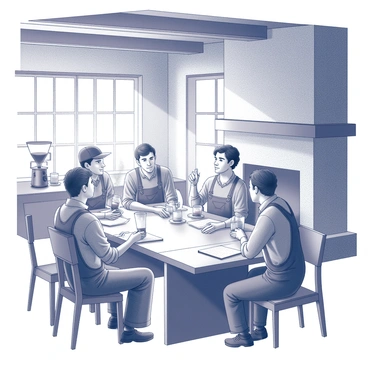 A rustic tasting room with wooden beams and a stone fireplace. A group of farmers is gathered around a large wooden table, each with a steaming cup of coffee in hand. The farmers vary in appearance, wearing traditional work clothes such as flannel shirts and overalls. They are engaged in conversation, sharing their thoughts on the different brews. Some have notebooks open, taking notes on flavors and aromas. Coffee brewing equipment, such as a French press and a pour-over setup, is placed on a side counter, adding to the ambiance of the room. Sunlight streams through large windows, illuminating the scene with a warm glow.