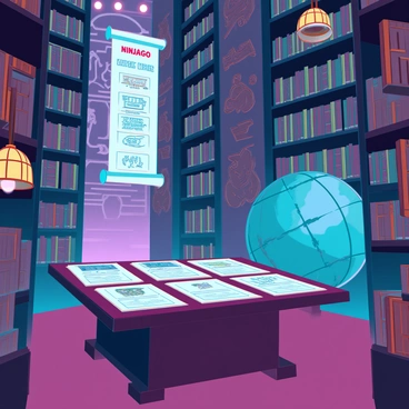 A grand library with towering shelves made of dark wood, filled with ancient scrolls and books. The library is illuminated by soft, warm light emanating from ornate, gilded lamps hanging from the high ceiling. In the center, there is a massive wooden table scattered with scrolls detailing "Ninjago lore," showcasing images of elemental symbols and ninja figures. The walls are adorned with intricate carvings depicting legendary battles and mythical creatures from the Ninjago universe, imparting a sense of history and mystery. A large globe sits in one corner, with detailed markings indicating Ninjago's various realms and territories.