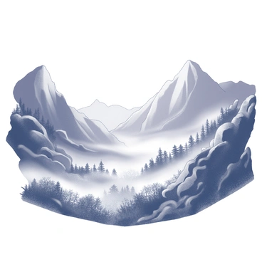 A valley is nestled between two towering mountains, their rugged peaks rising sharply against the sky. The landscape is shrouded in a thick, mysterious fog that blankets the ground, obscuring the lush greenery and wildflowers that typically thrive in this area. Wisps of fog curl around the rocky formations and cascade down the mountainsides, creating an ethereal atmosphere. In the background, the silhouette of the mountains looms, adding depth to the scene. The overall setting evokes an air of intrigue and quiet solitude.