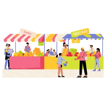 A bustling vector illustration of a local fruit market with stands full of various fresh fruits.