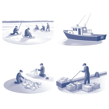 Four distinct scenes depicting the fishing of cod across the seasons. In the first scene, winter takes place on a frozen sea, featuring ice fishermen on sleds, using rods to catch cod through holes in the ice. The second scene represents spring, with a fishing boat navigating through calm waters, nets being cast into the ocean as the fishermen prepare for the catch. The third scene captures summer, with a vibrant coastal setting, showcasing fishermen on the beach, cleaning their catch and displaying freshly caught cod laid out on the sand. The final scene illustrates autumn, with fishermen gathering at the docks, unloading crates filled with cod, highlighting the hustle and bustle of the fishing industry as they prepare for the season's end.