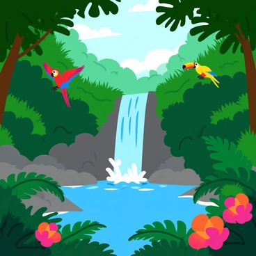 A dense tropical jungle filled with lush green foliage and towering trees with broad leaves. Vividly colored exotic birds, including a bright red macaw and a yellow toucan, fly among the branches. In the center of the jungle, a hidden waterfall cascades down smooth rocks, creating a mist as it plunges into a clear blue pool below. The pool is surrounded by ferns and vibrant tropical flowers in shades of pink and orange, adding to the vibrant atmosphere of the scene. Sunlight filters through the canopy, creating dappled patterns on the ground.