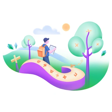 A modern pastel illustration depicting a student walking along a winding path. The path is composed of various mathematical symbols and equations, such as "+" signs, "π", and "√" symbols, blending into the scenery. The student is carrying a backpack and glancing thoughtfully at a notebook in one hand. Surrounding the path are trees with abstract leaves and a bright sky above, enhancing the sense of adventure in this educational journey.