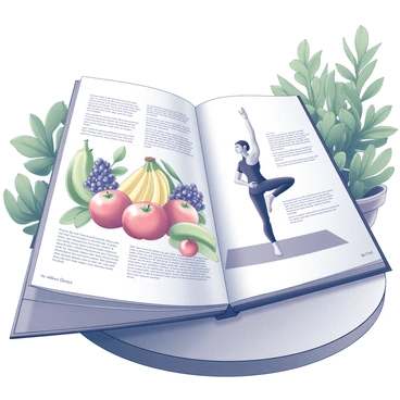 An open wellness magazine is displayed on a wooden table. The page features a vibrant collection of assorted fruits, including apples, bananas, and berries arranged aesthetically around the text. In the background, a person is practicing yoga in a serene pose, balanced on one leg, with the other leg bent at the knee. This figure is focused and serene, embodying the essence of meditation. The surrounding environment consists of lush green plants that add a touch of vitality to the scene. The magazine layout includes inspirational quotes about health and wellness.