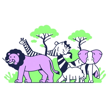 A collection of safari animals is gathered in a natural setting. In the foreground, a lion is standing proudly with its mane flowing, showcasing a strong posture. Next to the lion, an elephant is depicted with its trunk raised, displaying its large ears. Both animals are outlined clearly. In the background, there are additional safari animals, including a giraffe with a long neck and a zebra with distinct stripes, all arranged harmoniously. The scene includes sparse vegetation, such as acacia trees, providing a characteristic backdrop for these animals.