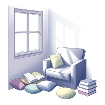 A small reading nook nestled in a corner of a room. The nook features a comfortable chair surrounded by an array of colorful cushions scattered on the floor. A stack of neatly arranged books sits beside the chair, some open with pages gently fanned. A large window above the nook allows sunlight to stream in, casting soft shadows across the cushions and creating a warm atmosphere.