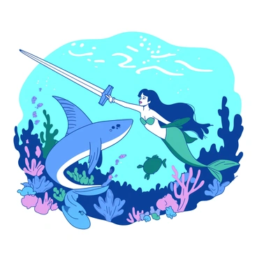 A blue swordfish is playfully swimming near a teal mermaid with long flowing hair. The mermaid, with her shimmering tail, is reaching out to touch the swordfish's fin. Surrounding them are colorful coral reefs and various small fish darting in and out of the corals. Sunlight filters down from the surface of the ocean, creating a sparkling effect around the playful interaction.