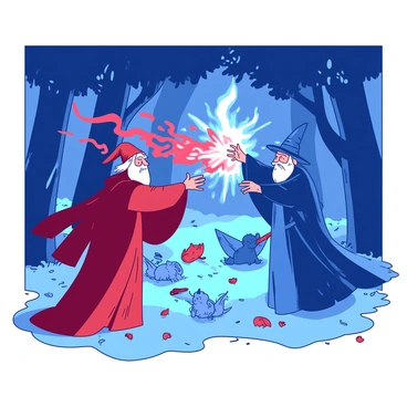Two wizards are engaged in a magical duel in an enchanted forest clearing. One wizard, wearing a long red robe, is casting a spell with his outstretched hand, and vibrant sparks of red energy are bursting forth. The other wizard, dressed in a flowing blue robe, counters the spell by waving his wand, creating a shield of blue light that deflects the red sparks. Around them, the forest is illuminated by the bright lights of their spells, and various enchanted creatures are watching from the shadows. The ground is littered with fallen leaves that shimmer with the glow of the magic being wielded.