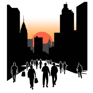 A black silhouette of a city street contains tall buildings with various architectural designs against a gradient backdrop transitioning from deep orange to dark blue. The buildings create an urban skyline, intricately outlined as the sun sets. In the foreground, several figures of people are depicted walking along the street, some carrying bags and others interacting with each other. The overall scene captures the movement and energy of city life during sunset.
