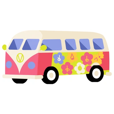 A VW van with a rounded shape is painted in a vibrant mix of colors. The exterior is covered with large, bright flowers in various shades of red, yellow, blue, and pink. Interspersed among the flowers are several peace symbols, each in contrasting colors like white and green, creating a cheerful and lively atmosphere. The van has round headlights and a big, friendly smile on its front, giving it a welcoming character. The wheels are black with white accents, and the windows are tinted, reflecting the colorful designs on the sides.