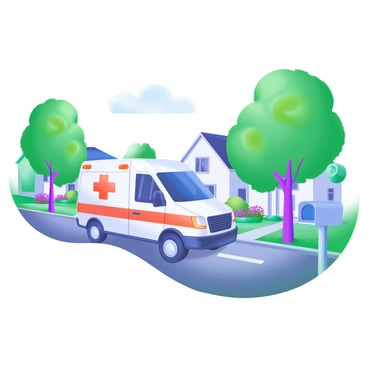 A medical transport van driving along a quiet residential street. The van is white with a red cross symbol on the side. Tall trees with green foliage line both sides of the street, casting soft shadows on the pavement. In the background, there are well-kept houses with colorful flower gardens and manicured lawns. The sky is clear with a few fluffy clouds. A mailbox and a parked car are visible to the side of the street.