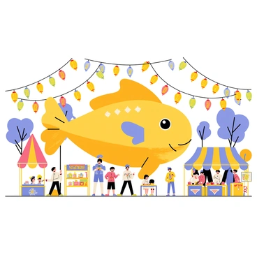 A lively festival scene celebrating "Magikarp." Colorful lanterns with fish designs hang from trees, illuminating the area with a warm glow. Brightly colored streamers in shades of blue, orange, and yellow are strung across the festival grounds, fluttering in the breeze. A large, decorated "Magikarp" float is central to the celebration, adorned with glitter and shimmering scales. Groups of enthusiastic festival-goers, some wearing "Magikarp" hats, are engaged in games and activities, while stalls selling "Magikarp"-themed snacks are scattered throughout the scene. Colorful banners depicting "Magikarp" are prominently displayed, adding to the festive atmosphere.