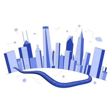A city skyline is visible, showcasing a collection of tall buildings with varying architectural designs. Among the structures, there are skyscrapers with glass facades reflecting light. Digital data streams appear as flowing lines, weaving between the buildings like rivers. The streams have a pattern suggesting movement, with binary code and symbols integrated into the design to represent data flow. The scene captures the dynamic interaction between the city and the digital world, emphasizing technology's role in urban life.
