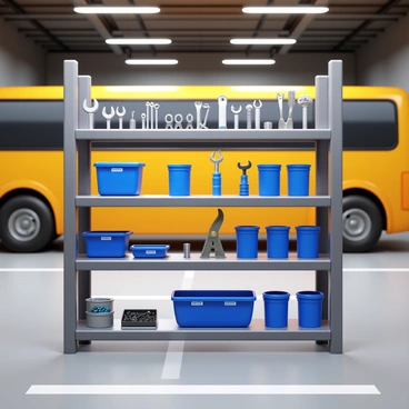 A neat shelf filled with various tools and parts inside a bus garage. The shelf has a metallic structure, showcasing an organized arrangement of wrenches, screwdrivers, and pliers. There are neatly labeled containers storing small parts like screws and bolts. The background features a bus parked in the garage, with its bright yellow exterior contrasting against the industrial setting. The garage floor is concrete with visible tire tracks, and overhead, there are fluorescent lights illuminating the entire area.