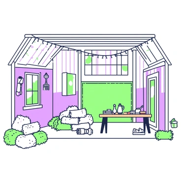 A rustic barn interior is filled with wooden beams and walls. The space is illuminated by a series of string lights hung from the ceiling, casting a warm glow. On the floor, several hay bales are stacked in a corner, creating a cozy seating area. A wooden table is placed near the bales, adorned with simple decor items. In one area, there are vintage farm tools displayed against the barn wall, and large windows allow natural light to filter through, enhancing the inviting atmosphere.