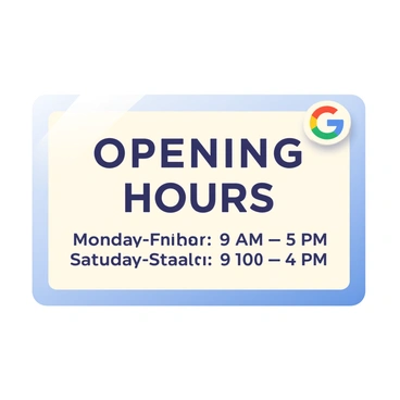 A rectangular sign with a soft gradient background displays "Opening Hours" in bold, easy-to-read font at the center. The hours are listed clearly below the title, formatted as "Monday-Friday: 9 AM - 5 PM" and "Saturday: 10 AM - 4 PM." In the top right corner, a small Google logo with its signature colors is placed. The edges of the sign are slightly rounded, giving it a friendly appearance. The overall look is clean and informative, suitable for a storefront.