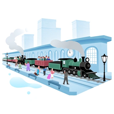 A historic train station with intricate architectural details is bustling with activity. Several steam engines are prominently displayed on the tracks, showcasing their large wheels and billowing steam. Travelers in vintage clothing are seen boarding the trains, carrying suitcases and bags. A large clock hangs above the platform, indicating the time. Benches are filled with more passengers waiting for their departure. Decorative lampposts line the platform, adding to the charm of the scene. The background features towering brick walls with arched windows, enhancing the historical ambiance.