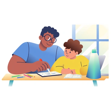 An older sibling with medium skin and short black hair is sitting at a wooden kitchen table, leaning over to assist their younger sibling. The older sibling is wearing a blue t-shirt and glasses, using a red pen to point at a math problem in a notebook. The younger sibling, who has light skin and curly brown hair, is focused on the notebook, wearing a yellow sweatshirt. On the table, there are several colorful pencils, a closed laptop, and a bright blue water bottle. Sunlight is streaming in through a window, illuminating the scene.