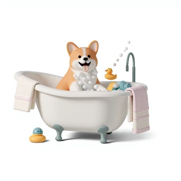A fluffy corgi with a fawn-colored coat, covered in white bubbles, is sitting in a bathtub. The corgi has its ears perked up and a joyful expression on its face, with its tongue out. Next to the corgi, there is a bright yellow rubber ducky floating on the surface of the water. The bathtub has a classic design with chrome fixtures and colorful bath toys scattered around. Soft, fluffy towels hang on the edge of the tub, adding a cozy touch to the scene.