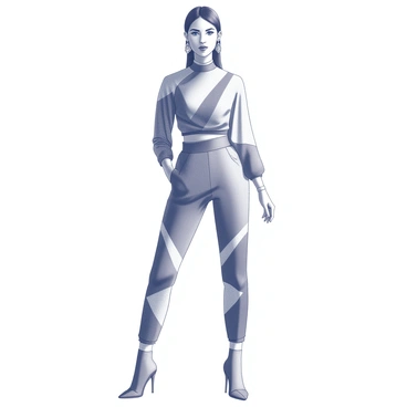 A model stands confidently in a striking outfit featuring metallic fabrics. The outfit consists of a structured top with sharp, geometric lines and an asymmetrical hem, creating a visually dynamic silhouette. The pants are form-fitting and also exhibit angular patterns that reflect light. Accessories include a large statement belt and geometric earrings that enhance the overall modern look. The model poses against a minimalist backdrop, emphasizing the sleek design and futuristic elements of the fashion.