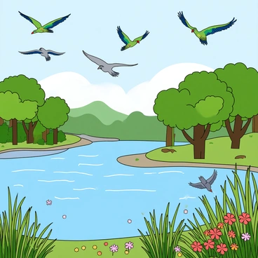 A vibrant wildlife sanctuary along the Ganges River filled with lush green trees and colorful flowers. The scene includes a wide, sparkling river with gentle ripples reflecting the blue sky. A variety of birds, including colorful parrots and elegant herons, are flying gracefully above the water, their wings spread wide. In the foreground, there are patches of tall grass swaying in the breeze, and a few butterflies fluttering around. The overall atmosphere is lively and full of movement, showcasing the rich biodiversity of the sanctuary.