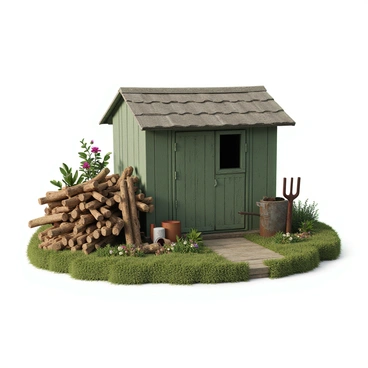 A rustic scene featuring a weathered gardening shed made of aged wood, with a peeling green paint finish. Next to the shed, there is a large, uneven pile of wooden stakes, showcasing various sizes and textures, some with rough bark still intact. The ground around the shed is covered in patches of grass and small wildflowers, and there are a few gardening tools, such as a rusty spade and a watering can, resting against the shed. In the background, there are hints of a lush garden with leafy plants and vibrant blooms.