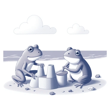 A frog and a toad are engaged in the activity of constructing sandcastles on a beach. The frog, with its slender body and bulging eyes, is using its front legs to shape a large mound of wet sand. The toad, with a rounder body and rough skin texture, is sitting beside the frog, holding a small plastic shovel in its front legs and scooping sand into a bucket. The two are surrounded by scattered seashells and small beach stones, with gentle waves lapping at the shore in the background. In the sky above, a few fluffy clouds can be seen drifting. The overall scene captures a playful moment of collaboration and enjoyment by the seashore.