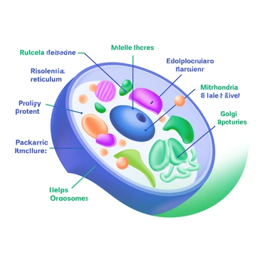 A modern pastel illustration depicting an animal cell, with various organelles clearly visible and labeled. The cell membrane surrounds the cell, providing a boundary. Inside, the nucleus is prominent, containing the nucleolus. Nearby, ribosomes are shown synthesizing proteins, while the endoplasmic reticulum is depicted as a network of folded membranes, with some ribosomes attached. Mitochondria are illustrated, showcasing energy production. The Golgi apparatus is represented, packaging proteins, while lysosomes are shown, helping in waste disposal. Each organelle is connected with arrows that represent their collaboration, and each label is clearly marked next to the corresponding organelle.