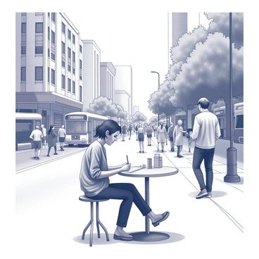 A woman named Becca Hall is sitting at a small table on the sidewalk with a sketchbook in front of her. She is focused on creating quick sketches of a busy urban street. The street is filled with a variety of characters, including pedestrians of different ages and ethnicities. Some are engaged in conversations, while others walk briskly by. There are street vendors selling food and merchandise, while a bus is visible in the background. Tall buildings surround the street, creating an urban atmosphere, and trees line the sidewalk, adding a touch of nature to the scene.