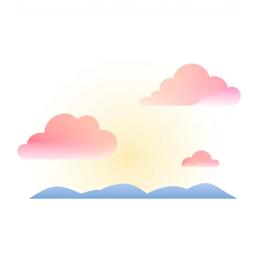 Fluffy clouds are scattered across a sky painted with soft shades of pink and orange at sunrise. The clouds vary in size, some large and billowy while others are smaller and wispy. The warm colors of the sky reflect off the clouds, creating a gentle glow. Below, the horizon is outlined with silhouettes of distant hills, enhancing the beauty of the early morning scene. The overall atmosphere is calm and inviting, capturing the essence of a new day beginning.