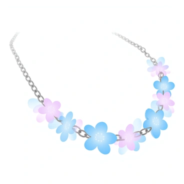 A close-up view of a necklace featuring tiny, delicate blossom charms. The necklace has a fine, shimmering chain that complements the charm details. Each charm is intricately designed, showcasing various blossoms with detailed petals. The blossoms are arranged closely together, creating a floral pattern along the chain. The background is softly blurred, highlighting the necklace and its charm details.