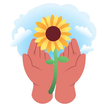 A pair of hands gently holding a vibrant sunflower with golden yellow petals and a dark brown center. The hands are relaxed, with fingers delicately wrapped around the thick green stem of the sunflower. In the background, the bright blue sky features a few fluffy white clouds scattered across it. The overall composition emphasizes the contrast between the sunflower's vivid colors and the clear blue of the sky.