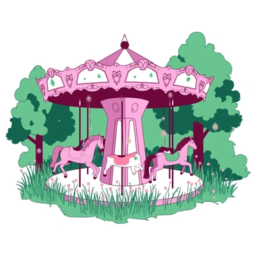 A vintage carousel with faded pastel colors is standing still in the middle of an overgrown park. The carousel is adorned with intricately carved wooden horses, their once vibrant details now dulled by time. Tall grass and wildflowers have overtaken the base of the carousel, weaving through the empty seats. The surrounding trees are lush and green, their branches stretching out overhead, creating a natural canopy. A few broken light bulbs hang loosely from the carousel's edge, hinting at its former glory.