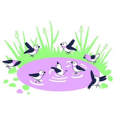 A group of birds splashing in a large puddle, like a natural birdbath