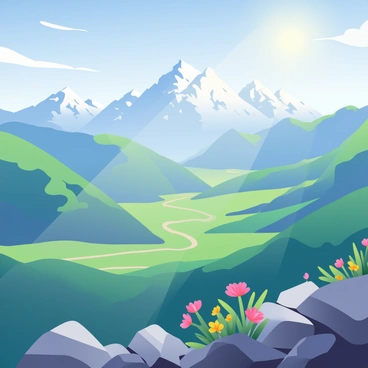 A wide-angle view from a mountain summit reveals vast valleys spreading below, with rich green vegetation and patches of colorful wildflowers. The sun casts a warm light over the landscape, creating soft shadows on the terrain. In the distance, majestic peaks rise sharply against the sky, their snow-capped summits glistening under the sunlight. Wispy clouds drift lazily across the blue sky, adding depth to the scene. The foreground features rugged rocks and small shrubs, enhancing the sense of height and perspective from the summit.