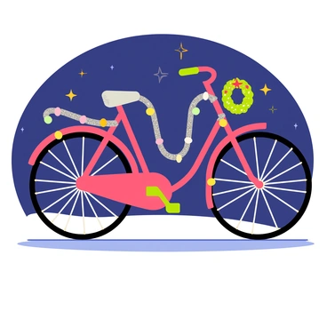 A bicycle with a sleek frame coated in a bright red paint. The wheels are adorned with multicolored lights that twinkle and glow. The handlebars are wrapped with shiny silver garlands, and colorful ornaments in various shapes hang from the frame. A small festive wreath is attached to the front of the bicycle. The background features a nighttime scene with twinkling stars and a dark blue sky, enhancing the cheerful holiday spirit.