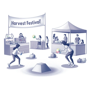 A harvest festival scene filled with energy and excitement. Two sisters are engaged in traditional games. One sister is tossing a colorful beanbag towards a target, while the other is preparing to leap over a haystack in a fun race. Surrounding them are decorated booths with fresh produce, and a large banner hanging overhead reads "Harvest Festival." In the background, families and friends enjoy various activities, such as making crafts and savoring seasonal treats. The atmosphere is lively with festive decorations and the presence of pumpkins and corn stalks placed around the area.
