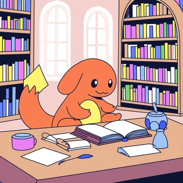 A Charmander with bright orange scales is sitting on a large wooden table in a vast library. The Charmander is intently reading a large, ancient book that has a worn leather cover with gold lettering. Surrounding the Charmander are towering shelves filled with countless books of different sizes and colors. Soft, warm light filters through large, arched windows, illuminating the scene. The table is scattered with additional scrolls and an inkpot, alongside a feather quill.