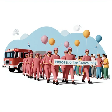 A group of firefighters in bright red uniforms, wearing helmets and boots, marching proudly in formation. They are holding a large banner that reads "Heroes of the Community" as they walk. Behind them is a shiny red fire truck, with its lights flashing and ladder extended. The truck features the fire department's emblem on the side. Spectators line the street, waving flags and cheering as the parade progresses. The sky is clear blue, and colorful balloons float above the crowd.