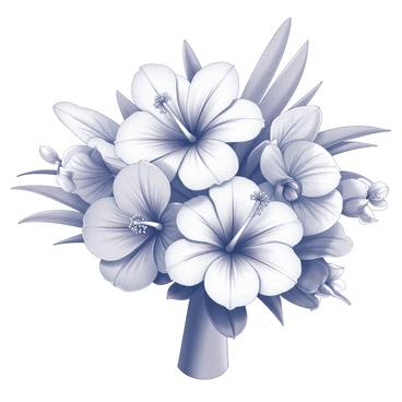 A wedding bouquet filled with large hibiscus flowers, their petals wide and open. Surrounding the hibiscus are several graceful orchids, displaying intricate patterns on their petals. Palm leaves arch elegantly throughout the bouquet, providing a lush and textured backdrop. The arrangement is tightly held together, showcasing the vibrant shapes and forms of the flowers and foliage.