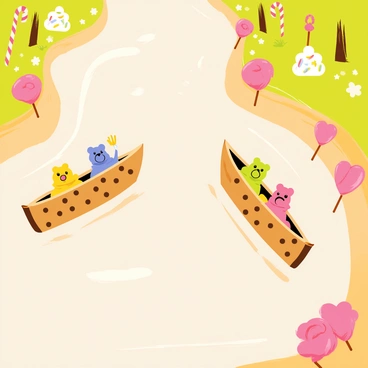 A flowing river of "caramel" with smooth, shiny surfaces reflecting light. "Boats" made of "cookies" are gently bobbing on the surface, each intricately designed with chocolate chips and sprinkles. "Candy passengers" are smiling and waving from inside the boats, featuring various bright colors and shapes like gummy bears and lollipops. The riverbank is lined with "marshmallow" trees and "candy cane" shrubs, adding to the whimsical scene.