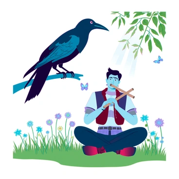 A sleek black raven with glossy feathers is perched on a low branch, its sharp beak slightly open as it listens intently. Below, a musician is sitting cross-legged in a lush green meadow, wearing casual clothing with earthy tones. He holds a wooden flute to his lips, producing soft melodic notes that drift through the air. Wildflowers of various colors surround him, and small butterflies flutter nearby, drawn by the music. The sun casts dappled light through the trees, creating a serene atmosphere in the scene.