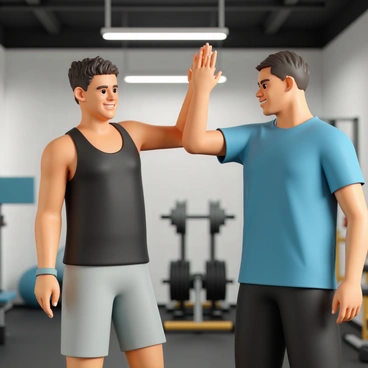 A person, wearing a fitted black tank top and grey athletic shorts, is standing in a gym environment. They have a determined expression on their face as they raise their hand for a high-five. Next to them, a gym partner, dressed in a blue t-shirt and black leggings, is reaching out with their hand to complete the high-five gesture. In the background, there are workout machines and weights, with bright overhead lights illuminating the space. The scene captures a moment of joy and achievement as they celebrate the successful completion of reverse fly exercises.