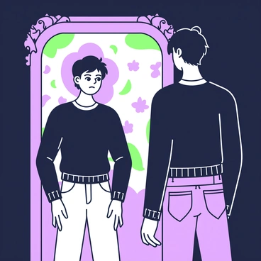 A person stands in a dimly lit room, facing a large, ornate mirror. The individual has tousled hair and a tense posture, displaying signs of anxiety. They wear a fitted black sweater and jeans. The reflection in the mirror reveals a contrasting image of vulnerability; the reflection shows softly glowing eyes and a slight tremor in the hands. The background of the mirror is decorated with green and purple floral motifs. The atmosphere is filled with an aura of introspection, highlighting the emotional struggle between the person and their reflection.