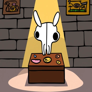 A cat skull displayed on a wooden pedestal in an ancient museum. The skull is white with intricate details of the bone structure clearly visible. The pedestal is dark wood, polished to a shine, and surrounded by small artifacts like ancient coins and pottery fragments. The scene is illuminated by soft, warm lighting coming from above, casting gentle shadows that highlight the skull's features. The background features stone walls adorned with faded paintings, creating a historical ambiance.