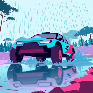 A powerful rally car with a sleek design and bold colors is racing through a muddy track. The car is splashing through large puddles, sending sprays of water and mud into the air. Rain is pouring down, creating a misty atmosphere around the scene. The wheels of the car are visibly kicking up debris as it navigates sharp turns. Surrounding the track are blurred outlines of trees and spectators, partially obscured by the rain. The sky is overcast with dark clouds, enhancing the wet and dynamic environment.