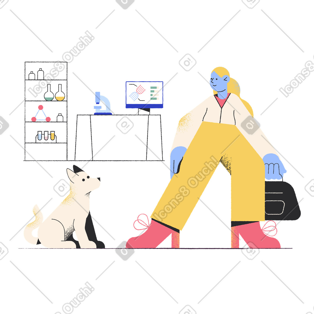 Pablo スタイルの 診療所で獣医からケアを受ける犬 のイラストをPNG、SVG形式でダウンロード