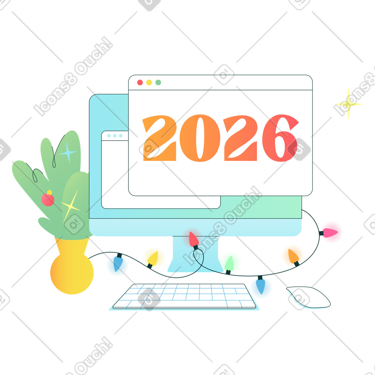 Computer setup with fairy lights and number 2026 on screen, Online New Year celebration-Illustration im Florid-Stil als Download in PNG, SVG