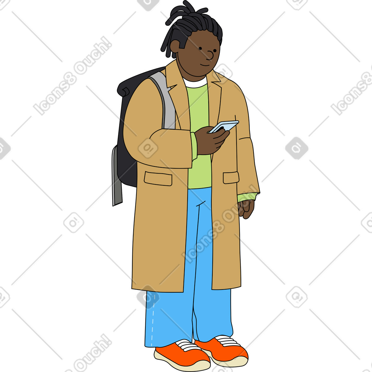 Man in coat using mobile phone illustration Kindy style download PNG, SVG