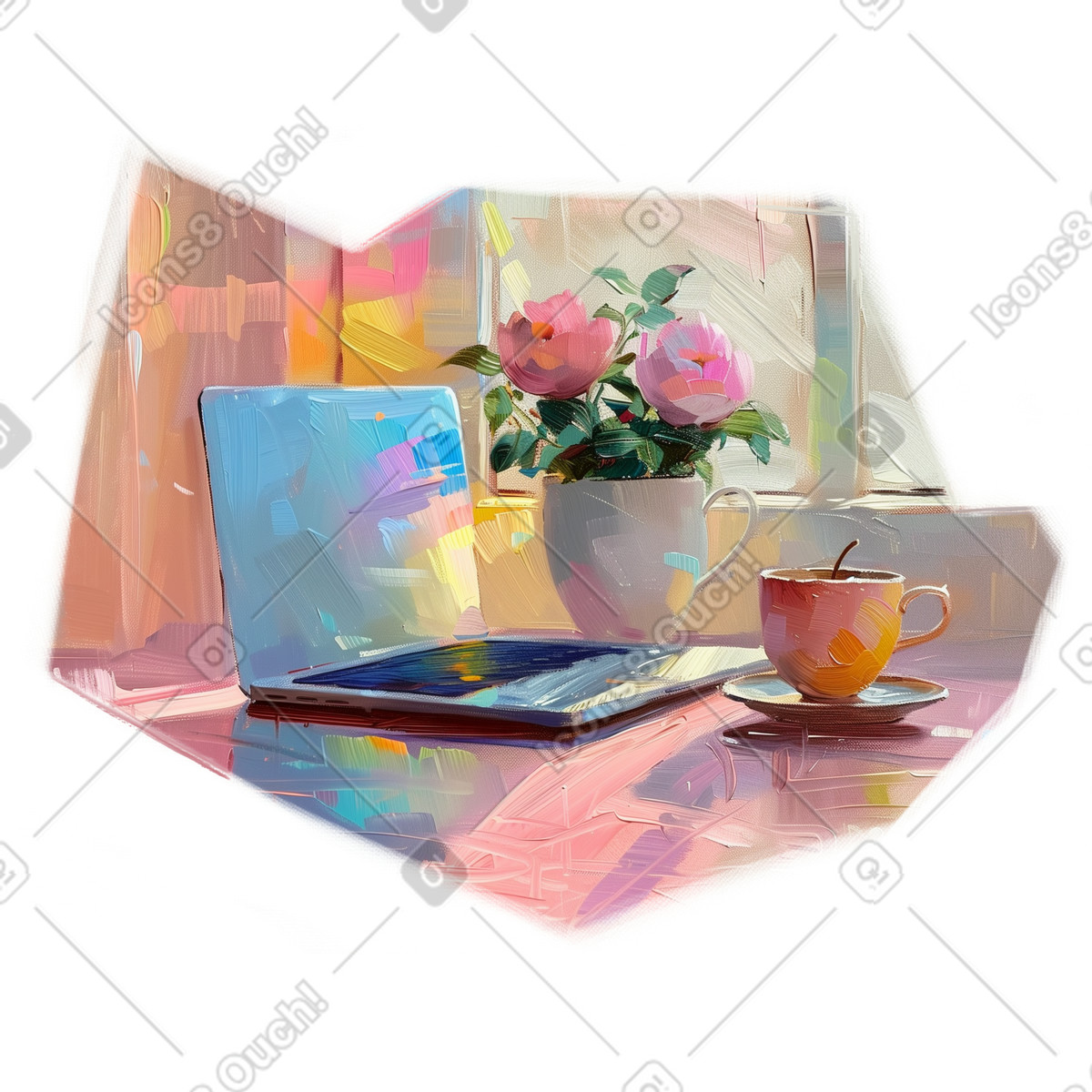 Ilustración Pintura al óleo de una composición con computadora portátil y taza café en estilo Pictorial a descargar en PNG SVG
